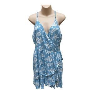 Promesa Blue White Floral V Neck Wrap Dress Size L Feminine Romantic Ruffle EUC